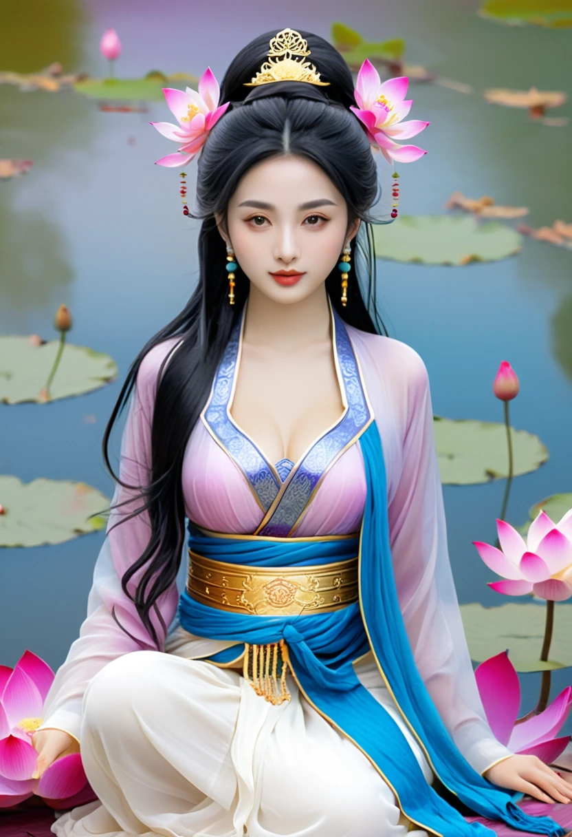 high quality, 8K 超HD, Surreal portrait of a stunning woman.
32K(masterpiece,HD,超HD,32K)long flowing dark hair,pond,bloom, One color, Aozhou people (Concubine), (purple silk scarf), Fighting Stance, Looking at the ground, White hair, Flowing hair, Carp pattern headdress, Chinese long-sleeved clothing, Beautiful woman sitting on the rosewood lotus seat, (((golden lotus throne))),Light blue pants,(((Head background with round light))),(((Behind it are nine suns))),(((Women emit bright blue light))),Women have three heads,Total, The arm has eight mudras,Carry various metal weapons,Barefoot with both feet,Goddess of love and peace, Indian goddess of wealth, Heavenly Bodhisattva, Goddess Art, Goddess of Wisdom, Ancient Chinese Goddess,lifelike,Professional photography,real,超high resolution,masterpiece,(Abstract gouache splash:1.2), Pink petal background,Pink and white lotus flowers flying(Realistically:1.4),Black hair,Falling leaves,Background pure, high resolution, detail, RAW photos, Sharp Reinsurance, Nikon D850 Film Stock Photos,AuthorJefferies Lee 4 Kodak Portra 400 Camera F1.6 Guns, Rich colors, 超逼real纹理, Dramatic Lighting, Unreal Engine Art Station Trends, Sinester 800,long flowing dark hair,Denim skirt