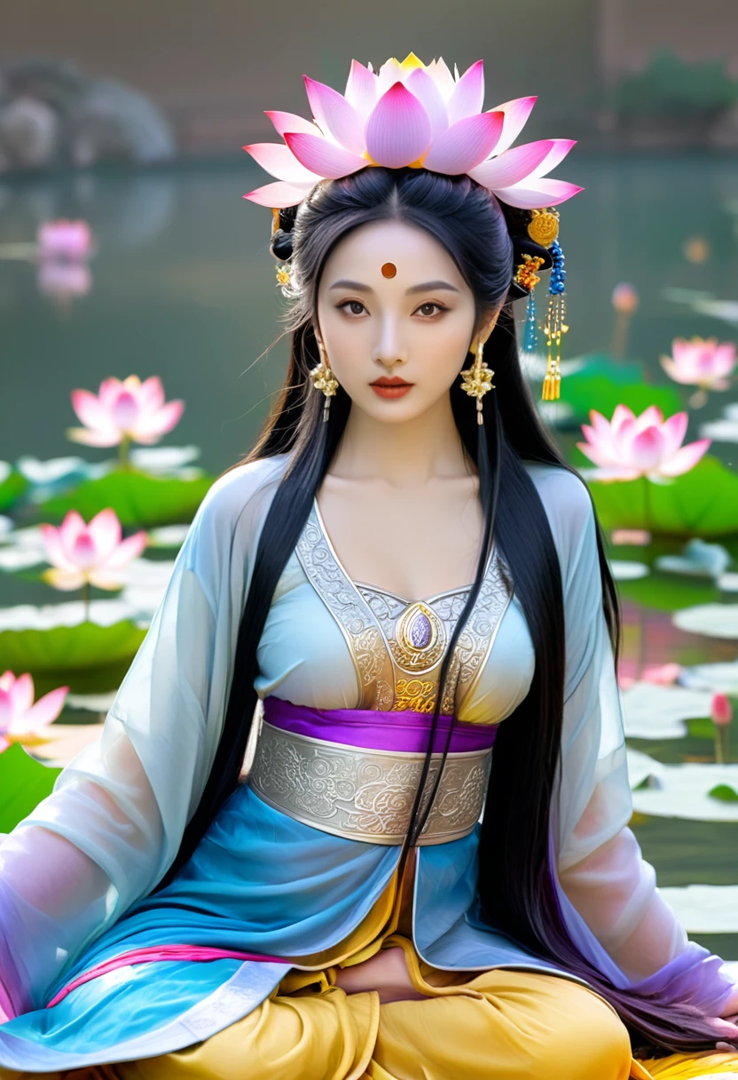 high quality, 8K 超HD, Surreal portrait of a stunning woman.
32K（masterpiece，HD，超HD，32K）long flowing dark hair，pond，bloom， One color， Aozhou people （Concubine）， （purple silk scarf）， Fighting Stance， Looking at the ground， White hair， Flowing hair， Carp pattern headdress， Chinese long-sleeved clothing， Beautiful woman sitting on the rosewood lotus seat, (((golden lotus throne)))，Light blue pants，(((Head background with round light)))，(((Behind it are nine suns)))，(((Women emit bright blue light)))，Women have three heads，Total, The arm has eight mudras，Carry various metal weapons，Barefoot with both feet，Goddess of love and peace, Indian goddess of wealth, Heavenly Bodhisattva, Goddess Art, Goddess of Wisdom, Ancient Chinese Goddess，lifelike，Professional photography，real，超high resolution，masterpiece，（Abstract gouache splash：1.2）， Pink petal background，Pink and white lotus flowers flying（Realistically：1.4），Black hair，Falling leaves，Background pure， high resolution， detail， RAW photos， Sharp Reinsurance， Nikon D850 Film Stock Photos，AuthorJefferies Lee 4 Kodak Portra 400 Camera F1.6 Guns, Rich colors, 超逼real纹理, Dramatic Lighting, Unreal Engine Art Station Trends, Sinester 800，long flowing dark hair，Denim skirt