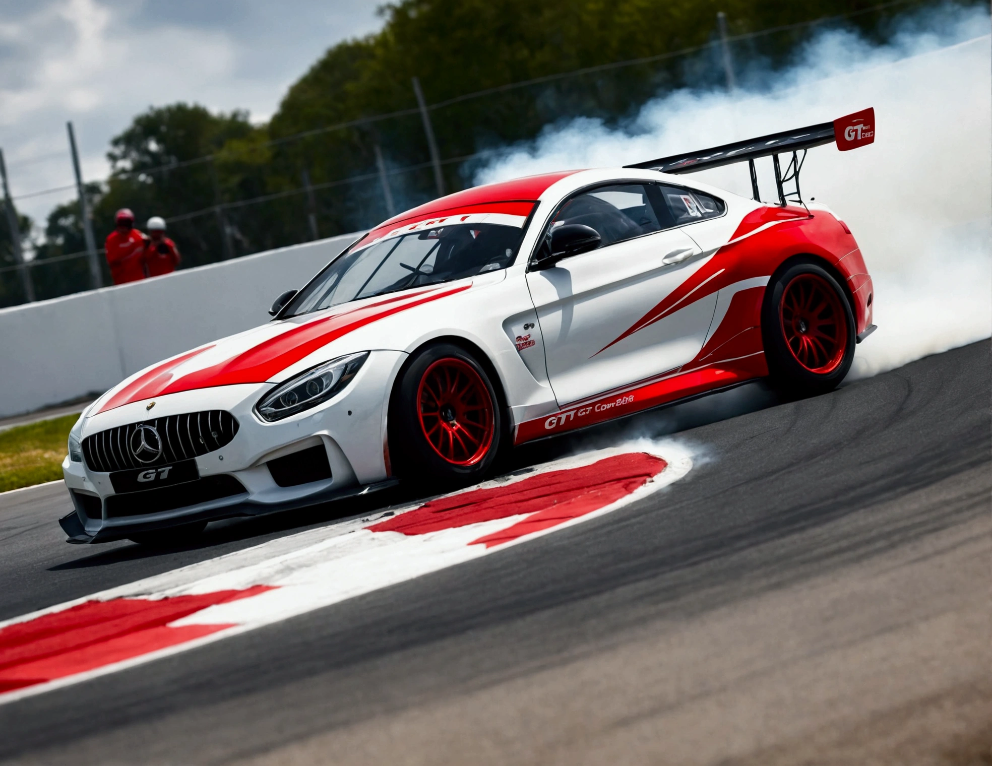 (Low angle shot:1.3), GT car drifting and cornering illustration, White smoke, Motion Blur, White and red curb,