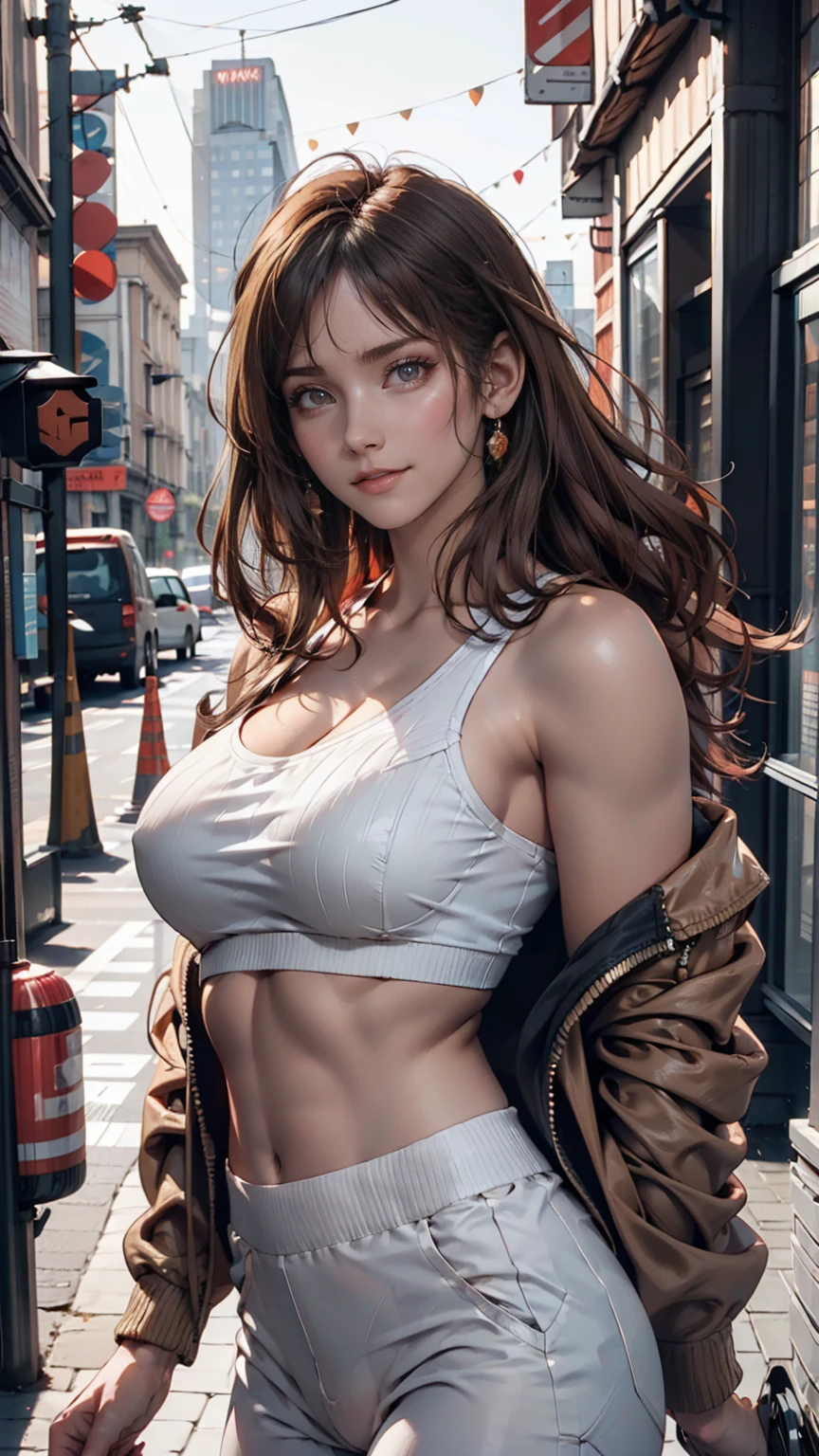 Highest quality, Ultra-high resolution, (Realistic:1.4), One girl, A loose, oversized black jacket, White sports bra, (Yoga pants:1), (Light brown hair:1.2), View Viewer, smile, street, Urban, compensate, Wide-angle、Sexy proportions、Narrow waist、Erotic female body、Long eyelashes、Red hair、Asymmetrical hairstyles((asymmetrical hair))、Skyscraper Background