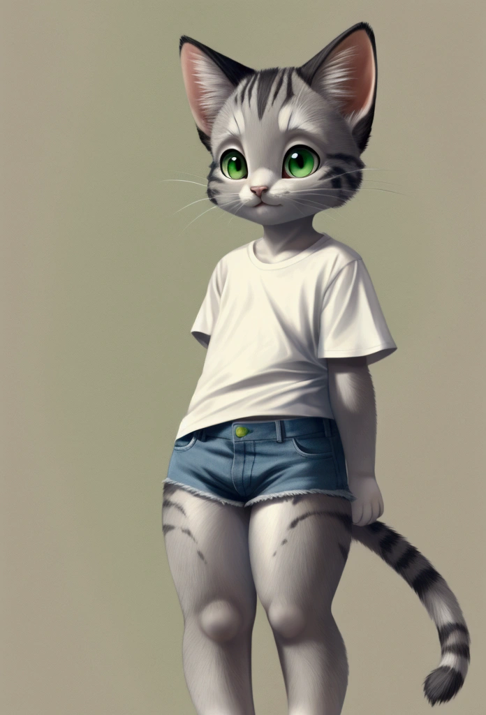 Small slim male kitten with nice big thighs and gray fur with white and green eyes and is wearing a white t-shirt and short jean shorts and is 7 .