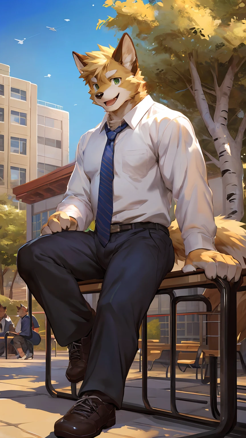 hi res,(brown dog, fur, furred dog), (16k)anthro,4 fingers,deep green eyes, yellow body, blurred background, school uniform,bottomwear, student, male, shapely, muscular anthro, muscular male,student, tail, outside, birch tree, plant, buildings , playground, long chair, white school uniform, pants, shoes, necktie, solo, summer, tree, (school), detailed background,by milkytiger1145,by zixiong,by null-ghost, by chunie,by sollyz,sitting on the long chair, open smile,