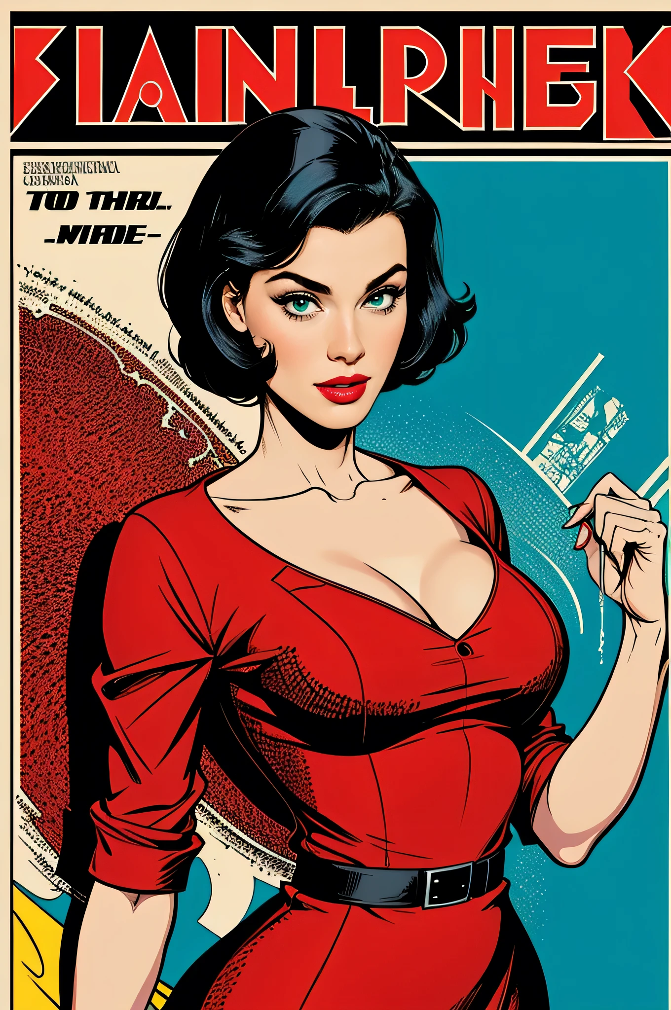(work of art, best qualityer), 8 k wallpaper, highy detailed, posters, old spy movie, 1960s, sexy female hitman, short black hair, (shorth hair ) cinematic movie poster, Bauhaus, shapes, lines, abstrato, propaganda, mid century modern, movie poster, vintage, Lady Killer by Joelle Jones, vintage clothing, long redgown, (redgown) ,Pearl necklace , greeneyes, comic, comic style