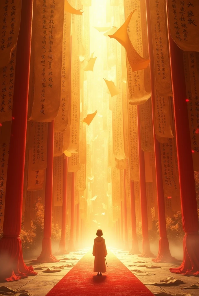 In the vast hall of an ancient Chinese palace, walls covered with golden calligraphy paper sheets fluttered in the wind like silk ribbons. A person stood at its base, gazing up into it as if lost among endless words and emotions written on these soft fabrics. illuminated particles, glass translucent material, The scene was captured from above in the style of matte painting, with red tassels hanging between each wall. This was a detailed depiction of the grandeur of ink script in traditional style, rendered in high resolution with a touch of anime aesthetics