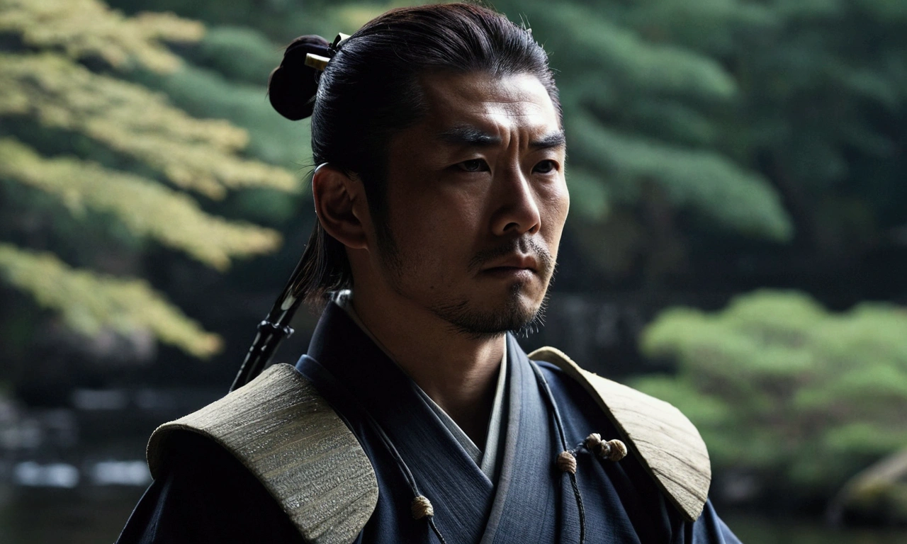 Japanese atmosphere, A samurai looks into the distance, Upper Body,Real,dark, Nearby riverbank, cold, with a natural look, With a slightly tired look, tilt your face a little, Diagonal orientation,