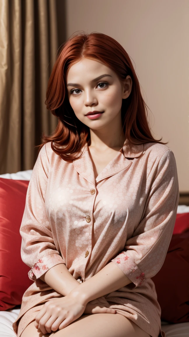 There is a woman sitting on a bed wearing a pink floral pajamas, red-haired girl, beautiful red-haired woman, red-haired woman, young red-haired girl, short bright red hair, red hair and attractive features, Anna Nikonova aka Newmilky, red-haired girl, redhead, beautiful woman, posing in bed, red head, with short red hair, posing in a room