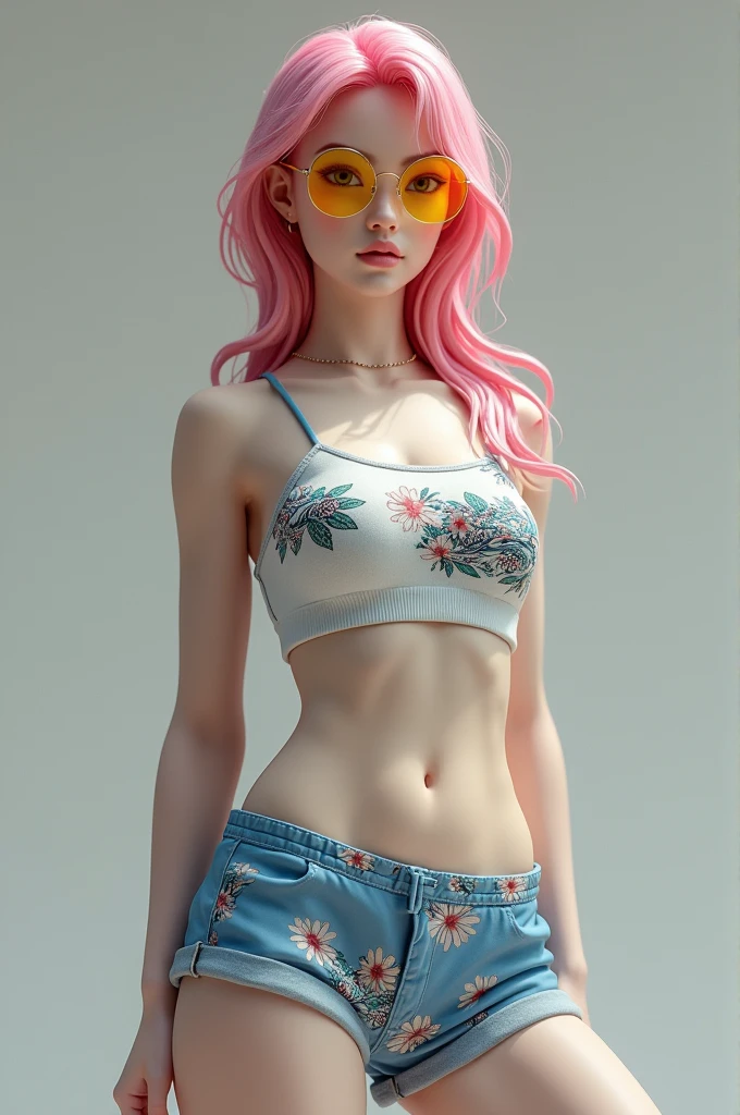 ((marble statue of a young woman)),((Artwork, Maximum quality, high resolution)), ((highly detailed 8K unified CG wallpaper)), (Asian woman, 1,72m), (skin fair, Asian appearance), (extremely ), (Very defined muscles), (fully body), (wearing blue shorts with floral prints), (white top with tribal prints), (wearing sports glasses with yellow lenses 90% transparentes), (pink  hair)