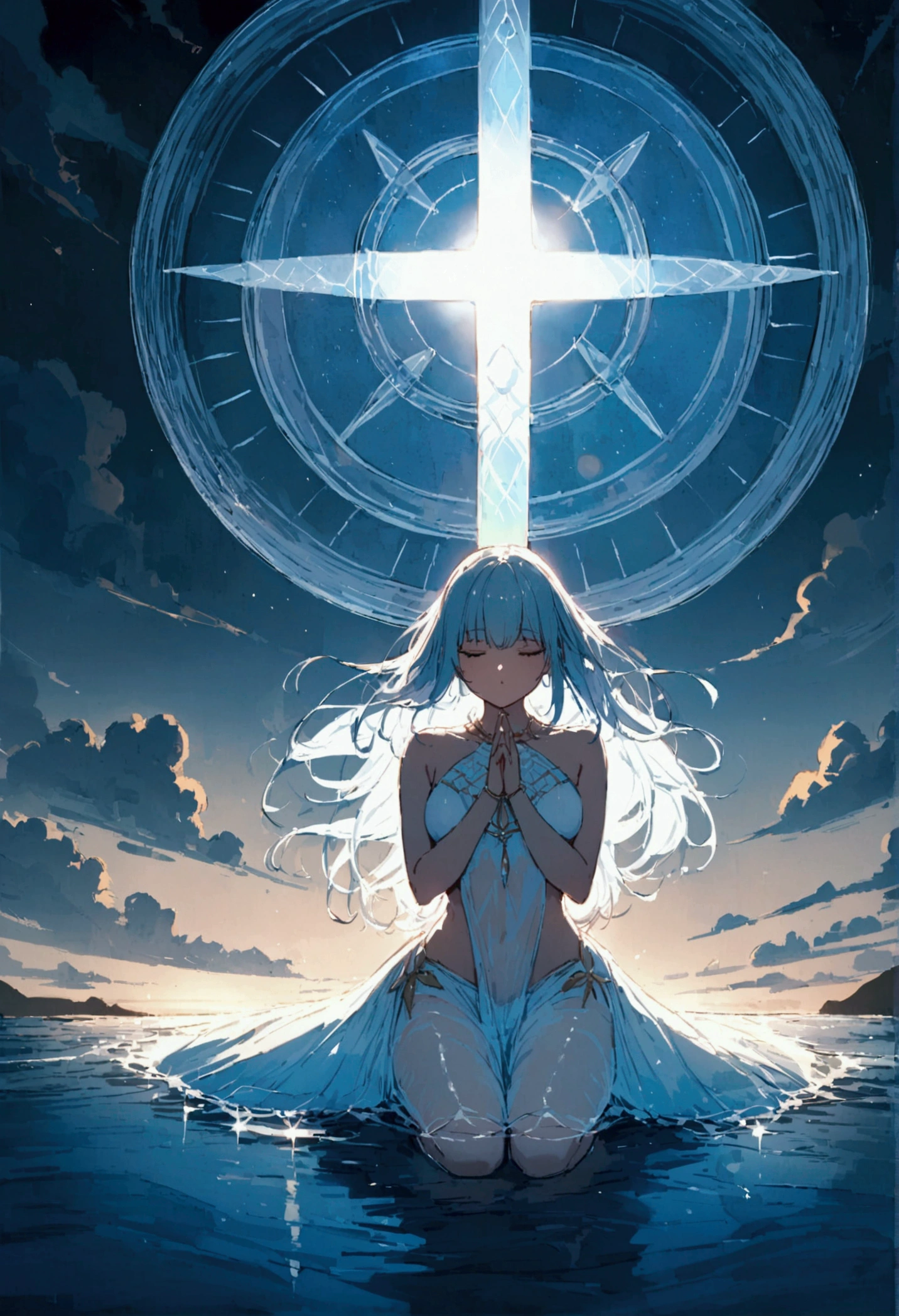 A lovely scantily clad woman (samoan) prays for fertility at a serene beach. A translucent goddess floats above the water and listens to her prayer. Moonlit confession
