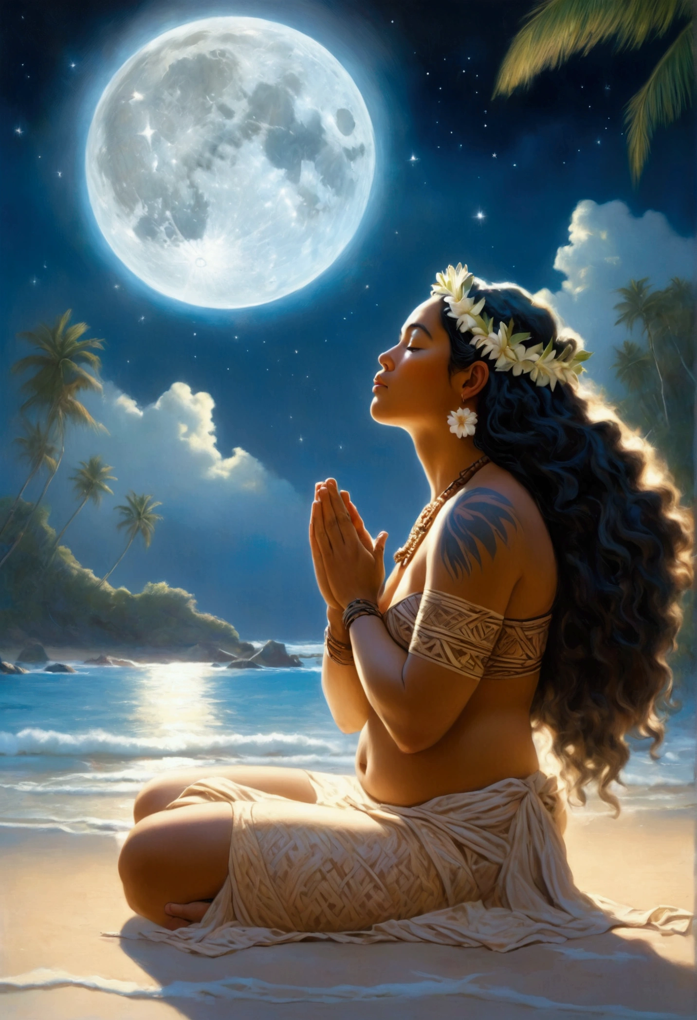 A lovely scantily clad woman (samoan) prays for fertility at a serene beach. A translucent goddess floats above the water and listens to her prayer. Moonlit confession