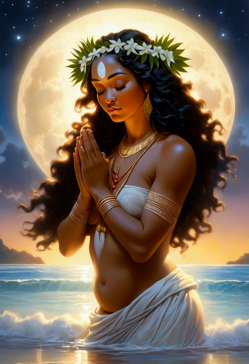 A lovely scantily clad woman (samoan) prays for fertility at a serene beach. A translucent goddess floats above the water and listens to her prayer. Moonlit confession
