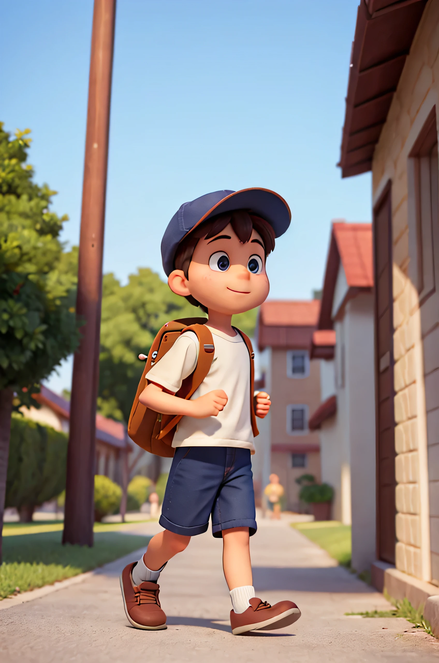 Carrying a backpack，cartoon little boy wearing a hat, 2 years old，Full body character design，3D modeling style，Natural light and shadow