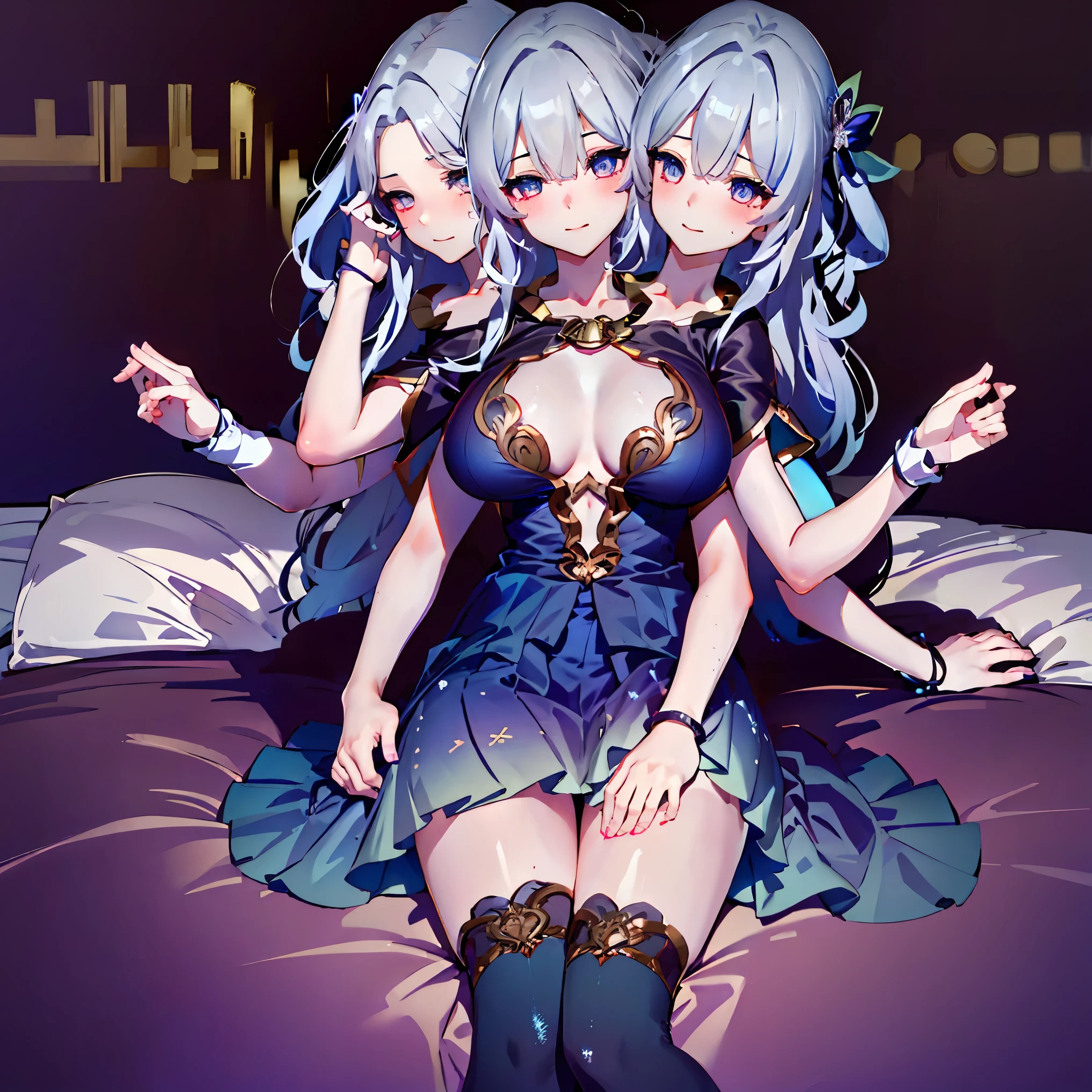 Masterpiece,best quality,best resolution,1 woman,2 heads,details,Firefly character,long gray hair,hair accessories,Blue and purple gradient eyes,blushing,Wearing a white dress with a black cloth draped over the shoulders with a gold pattern, long white sleeves..(blue cloth chest),wearing a long blue skirt,Wear long blue socks.,normal breasts,lying in bed,bedroom background,DSLR Photos, (8ก, 4K, Masterpiece),(Masterpiece, best quality), best resolution, (3 heads:1.5),Arms separated,arm circle, (Put your hands on your head...), (lower hand on ankle), (lower hand on leg), Full content in the frame, full body view, (four arms),(Multi-arm),(many hands), รูปร่างเพรียวบาง Masterpiece,best quality,best resolution,1 woman,many heads, upper body, smile, Facing the audience,big breasts,simple background,Beautiful face,Beautiful hair,beautiful eyes,beautiful body,Beautiful hands,conjoined twins