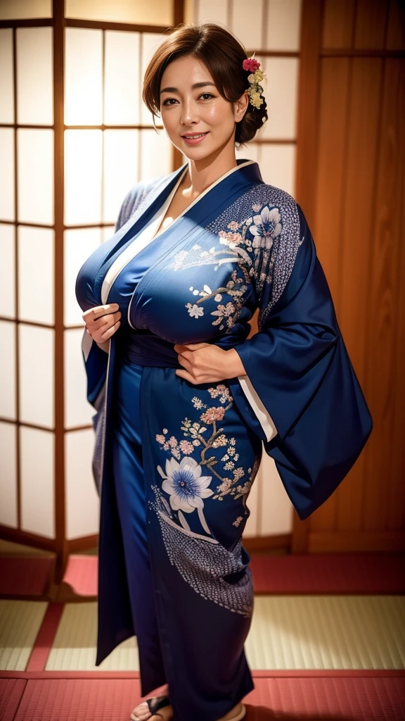 Mature attractive sexy woman,50 years old, ((kimono)),((ultramarine))、(((kimono))),Shut,((Big Breasts:1.3)),(Facial wrinkles:1.3),light makeup,Light brown hair,Long Hair,(Full body photo:0.85),(Emphasize big buttocks),8k, RAW Photos, Highest quality, Laughter,masterpiece,Highest quality、A kind smile、Captivating Gaze、Random Hairstyles、Japanese-style room、Shoji Screen、lanthanum、