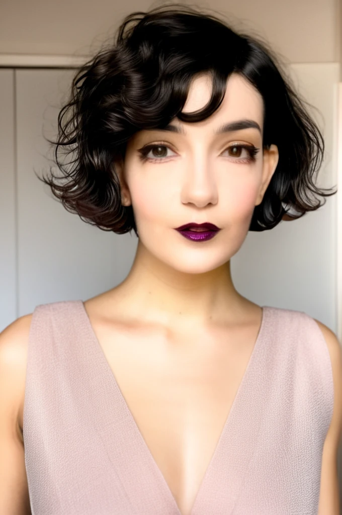 22 yrs Beautiful woman, ultra short french bob haircut, right hair part, side of head shaved, side shave, Flowing pastel sleeveless gown, (close-up, editorial photograph), [[Wide-angle photo]], (background inside dark, moody, private study:1.3), full body portrait, by lee jeffries, nikon d850, film stock photograph, 4 kodak portra 400, camera f1.6 lens, rich colors, hyper realistic, lifelike texture, dramatic lighting, velvia 50, eye contact, faint smile, wavy short french bob hair, 1920s hairstyle, short wavy hair, french bob, wavy pixie cut hair, wavy pixie hair, short black wavy hair, very short wavy hair, short french bob, bowlcut hair, shaved nape, shaved undercut, side shave, soft makeup, Dark Hazel eyes, Eye contact, pretty young woman in her 20's,
