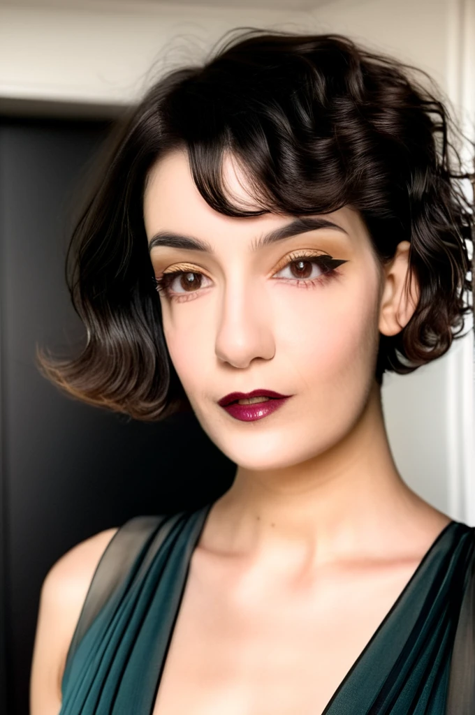 22 yrs Beautiful woman, ultra short french bob haircut, right hair part, Flowing pastel sleeveless gown, (close-up, editorial photograph), [[Wide-angle photo]], (background inside dark, moody, private study:1.3), full body portrait, by lee jeffries, nikon d850, film stock photograph, 4 kodak portra 400, camera f1.6 lens, rich colors, hyper realistic, lifelike texture, dramatic lighting, velvia 50, eye contact, faint smile, wavy short french bob hair, 1920s hairstyle, short wavy hair, french bob, wavy pixie cut hair, wavy pixie hair, short black wavy hair, very short wavy hair, short french bob, bowlcut hair, shaved nape, shaved undercut, side shave, soft makeup, Dark Hazel eyes, Eye contact, pretty young woman in her 20's,
