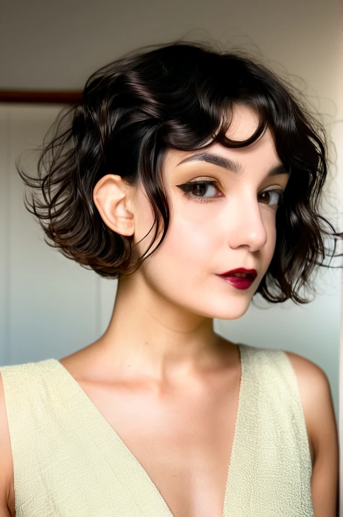 22 yrs Beautiful woman, ultra short french bob haircut, right hair part, Flowing pastel sleeveless gown, (close-up, editorial photograph), [[Wide-angle photo]], (background inside dark, moody, private study:1.3), full body portrait, by lee jeffries, nikon d850, film stock photograph, 4 kodak portra 400, camera f1.6 lens, rich colors, hyper realistic, lifelike texture, dramatic lighting, velvia 50, eye contact, faint smile, wavy short french bob hair, 1920s hairstyle, short wavy hair, french bob, wavy pixie cut hair, wavy pixie hair, short black wavy hair, very short wavy hair, short french bob, bowlcut hair, shaved nape, shaved undercut, side shave, soft makeup, Dark Hazel eyes, Eye contact, pretty young woman in her 20's,
