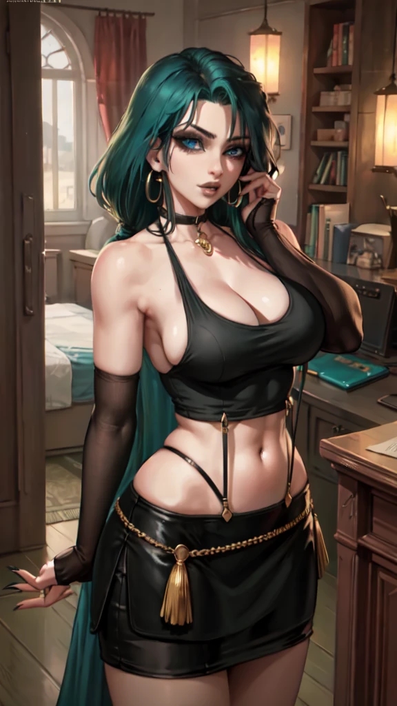 beautiful, (masterpiece:1.2), (best quality:1.2), perfect eyes, perfect face, perfect lighting, gothgirl, 1girl, mature adult woman, green hair, black skirt, breasts, crop top, earrings, fingernails, gloves, arms at side, jewelry, large breasts, lips, long hair, midriff, nail polish, navel, on back, parted lips, blue eyes, skirt, solo, suspenders, (tank top), taut clothes, taut shirt, makeup,