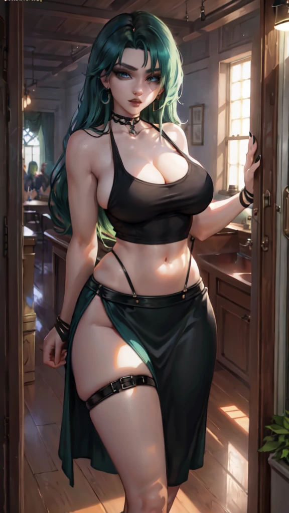 beautiful, (masterpiece:1.2), (best quality:1.2), perfect eyes, perfect face, perfect lighting, gothgirl, 1girl, mature adult woman, green hair, black skirt, breasts, crop top, earrings, fingernails, gloves, arms at side, jewelry, large breasts, lips, long hair, midriff, nail polish, navel, on back, parted lips, blue eyes, skirt, solo, suspenders, (tank top), taut clothes, taut shirt, makeup, 