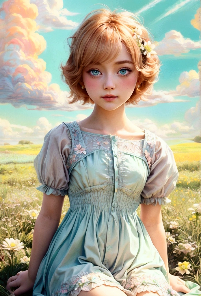 Beautiful woman standing in a flower field wearing a short dress_Fine details of delicate features, orange blonde short hair_Delicate explanation, Colorful and rich fantasy clothing, bright and soft colors, chassis, Colorful pastels, cute colorful lovely, vivid fantasy style, soft and cute colors, Bright pastel colors, Zia, Bright pastel colorss, sakimichan hdri, gradient pastel green, Vibrant pastel colors, blue sky, white cumulus clouds, (masterpiece, best quality:1.2), 1 girl, , big eyes, fluffy hair, happiness, grassland, Green style background，