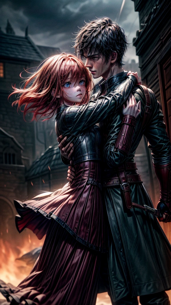 (1 redhead girl with freckles) Fighting against (1 handsome black haired boy) , battle of swords, in the rain , best quality impactful scenery.(19th century clothing). turbulent background. best qualityer, atemporal. detaileds no movimento. Action, (detaileds), beautiful face, QUALITY IMAGE, 8k.
