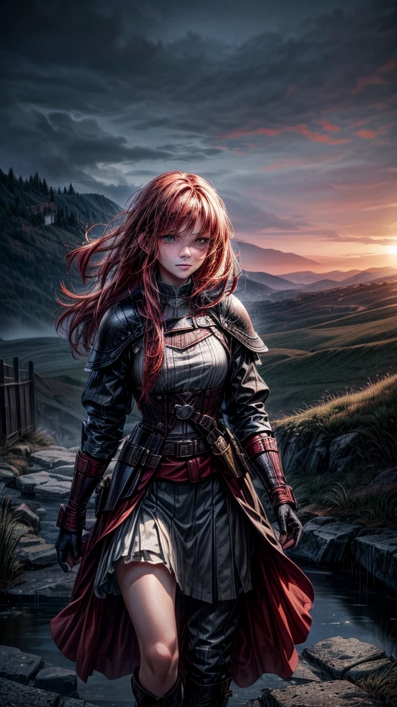 (1 redhead girl with freckles) Fighting against (1 handsome black haired boy) , battle of swords, in the rain , best quality impactful scenery.(19th century clothing). turbulent background. best qualityer, atemporal. detaileds no movimento. Action, (detaileds), beautiful face, QUALITY IMAGE, 8k.