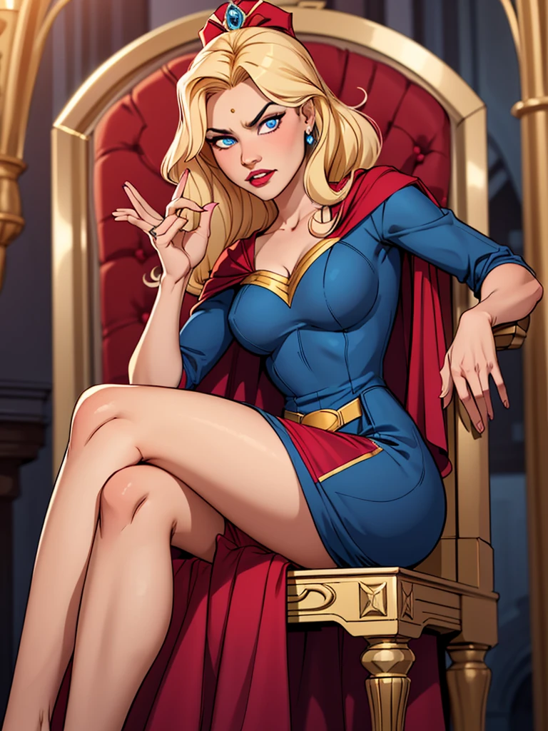 2 girls, one blonde with long hair wearing bows in her hair, with blue eyes, wearing a pink princess dress, sweet princess and sitting on a throne, the other girl behind the throne with short blonde hair, wearing a blue heroine costume, wearing a red cape and with an evil expression, with completely red eyes