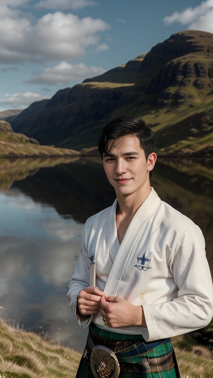 His name Henry , first bond boy, karate and judo hold White Obi Front view, (looking at viewer:1.3), Scottish man, 18 years-old, (black hair , blew eye, buzz cut, smile ),A beautiful Scottish boy wearing traditional Highland dress, including a tartan kilt and accessories like a sporran and sash, standing in a picturesque Scottish landscape. The scene should highlight the elegance and cultural richness of Scottish heritage, ((super detail, high details, high quality, accurate, anatomically correct, textured skin, beautiful fingers super detail, high details, high quality, best quality))