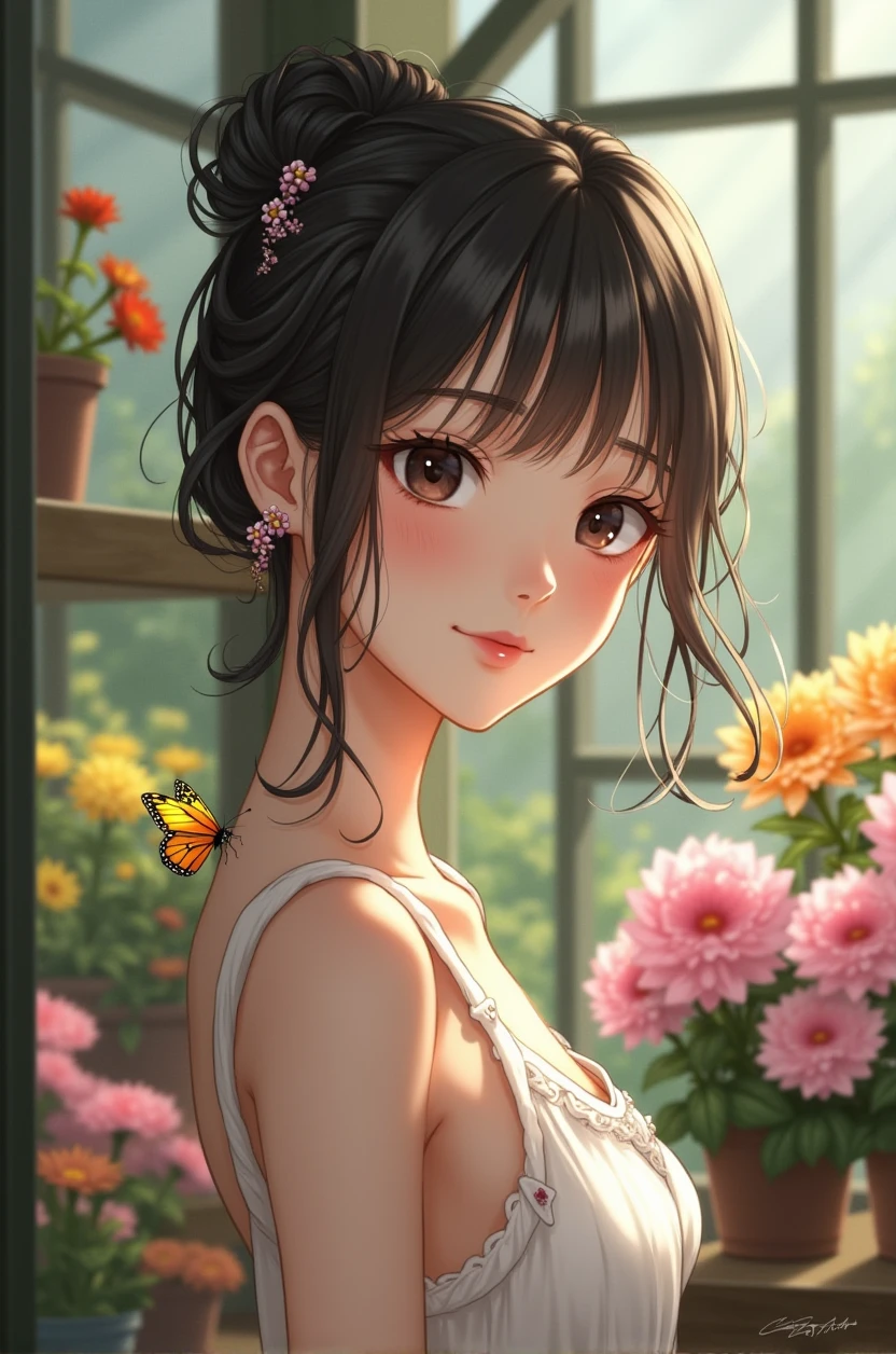 Very delicate and beautiful, wonderful, In detail, masterpiece, Very detailed, High resolution,Best shot, Best Shadow,Complex,Sharp focus, high quality, Japanese female 1 person, alone.cute,Fuka Koshiba,Yuki Sakurai,Seira=trout, Glass greenhouse, Potted flowers, Flowers for sale, Woman looking at flowers, Flowers are blooming everywhere, Lens flare,Sleeveless,Beautiful breasts,butterfly,Cool eyes,Glossy lips,smile,Glossy skin,Transparent skin