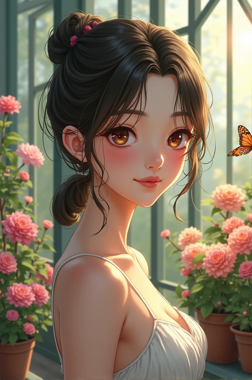 Very delicate and beautiful, wonderful, In detail, masterpiece, Very detailed, High resolution,Best shot, Best Shadow,Complex,Sharp focus, high quality, Japanese female 1 person, alone.cute,Fuka Koshiba,Yuki Sakurai,Seira=trout, Glass greenhouse, Potted flowers, Flowers for sale, Woman looking at flowers, Flowers are blooming everywhere, Lens flare,Sleeveless,Beautiful breasts,butterfly,Cool eyes,Glossy lips,smile,Glossy skin,Transparent skin