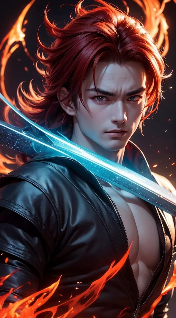 An 8k masterpiece, highest resolution, every detail, meticulous detail, depth of field, bright colors, beautiful composition: stunning take on an anime character Gohan with brilliant red hair and beautifully detailed glowing eyes, standing against a dark and ominous background. This handsome demon slayer is the epitome of bad guys in the world of fantasy art.
