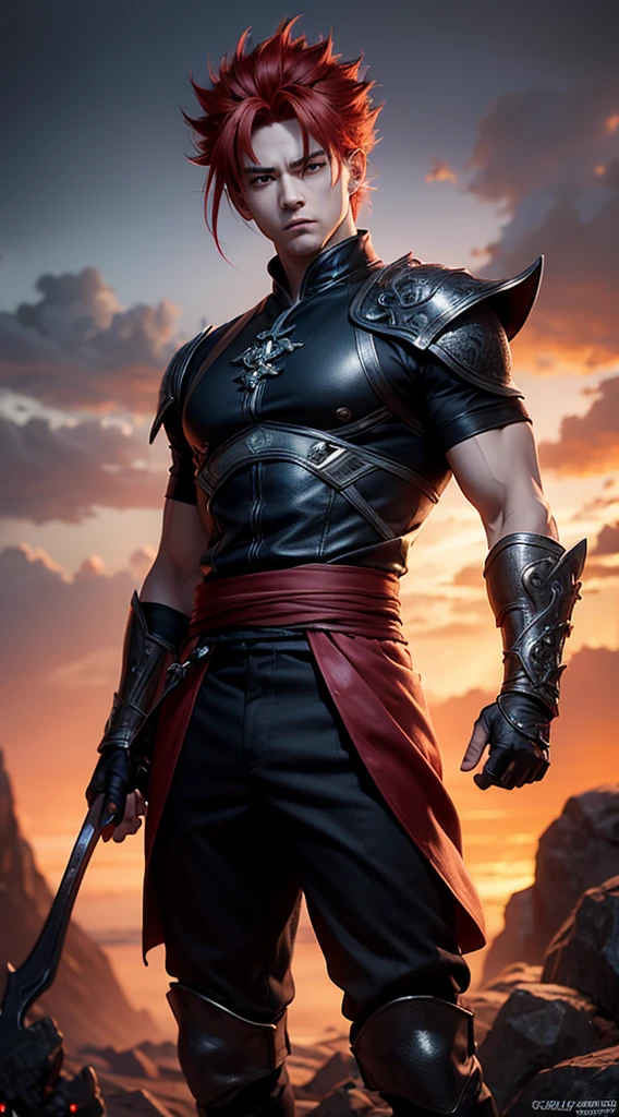 An 8k masterpiece, highest resolution, every detail, meticulous detail, depth of field, bright colors, beautiful composition: stunning take on an anime character Gohan with brilliant red hair and beautifully detailed glowing eyes, standing against a dark and ominous background. This handsome demon slayer is the epitome of bad guys in the world of fantasy art.