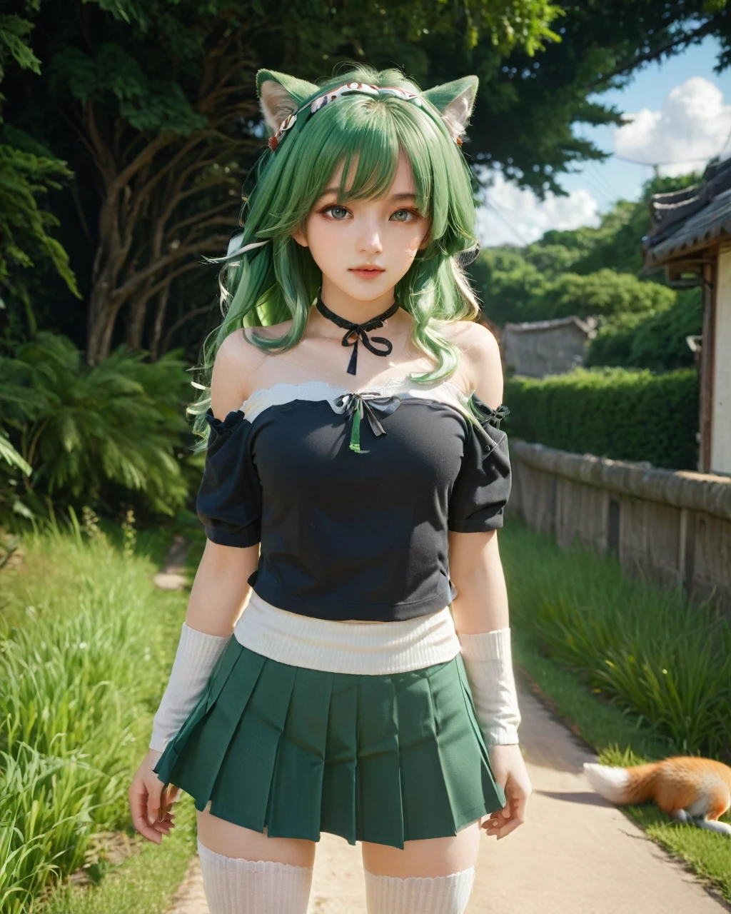 (Highly detailed CG),(Highest quality),Hufufu\(Serious Star Rail\),One girl,Perfect Face,Bright Eyes,(Beautiful, detailed eyes),Green Eyes,Wide Hips,Tight waist,Green Hair,bangs,Long Hair,Ahoge,Animal ears,beret,hair ornaments,Short skirt,White socks,shirt,Off the shoulder,Fox&#39;s Tail,Worried,night,Outdoor,A light smile,wariza,V-Foot,blush,whole body,Depth of written boundary,pray,Low - Angle,Shoot from below
