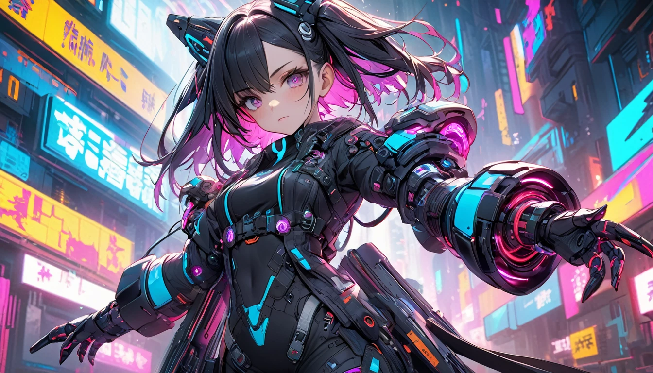 **191. One person。Cyber Hero of the Future。cyber punk。Cowboy shot or close-up。
masterpiece, best quality, ultra detailed (Detailed fingers), (Emotional), (Breathtakingly beautiful),
(main part: 1.2 Whole body。), (Anime Style), (Very detailed), (Brutal),
(超High resolution, High resolution), (8k), (High resolution: 1.2), (Complex and beautiful: 1.2)**
- background: Neon street of the future city、cyber punkなビル群とホログラム広告。
- character: A female hero equipped with advanced technological equipment。
-pose: Ready to use high-tech weapons、Prepare to face the enemy。
-expression: A sharp gaze and strong determination、Full of hero confidence。
- Effects: The neon lights shine on her、Technology effects shine。
-color: Vivid neon colors and metallic textures。
