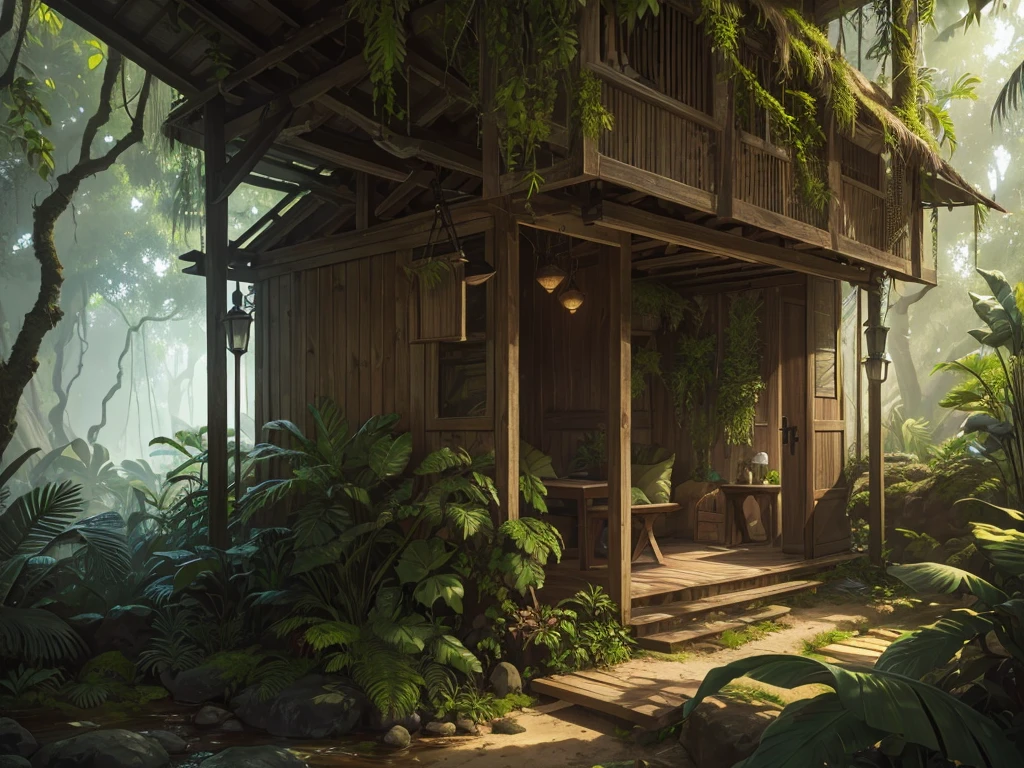 detailed small survival shelter, palm leaf roof, wooden branches, lush jungle foliage, overgrown vegetation, mossy rocks, natural light, earthy tones, organic textures, weathered wood, photorealistic, highly detailed, cinematic lighting, vibrant colors, dramatic shadows, hyper realistic, award winning photography