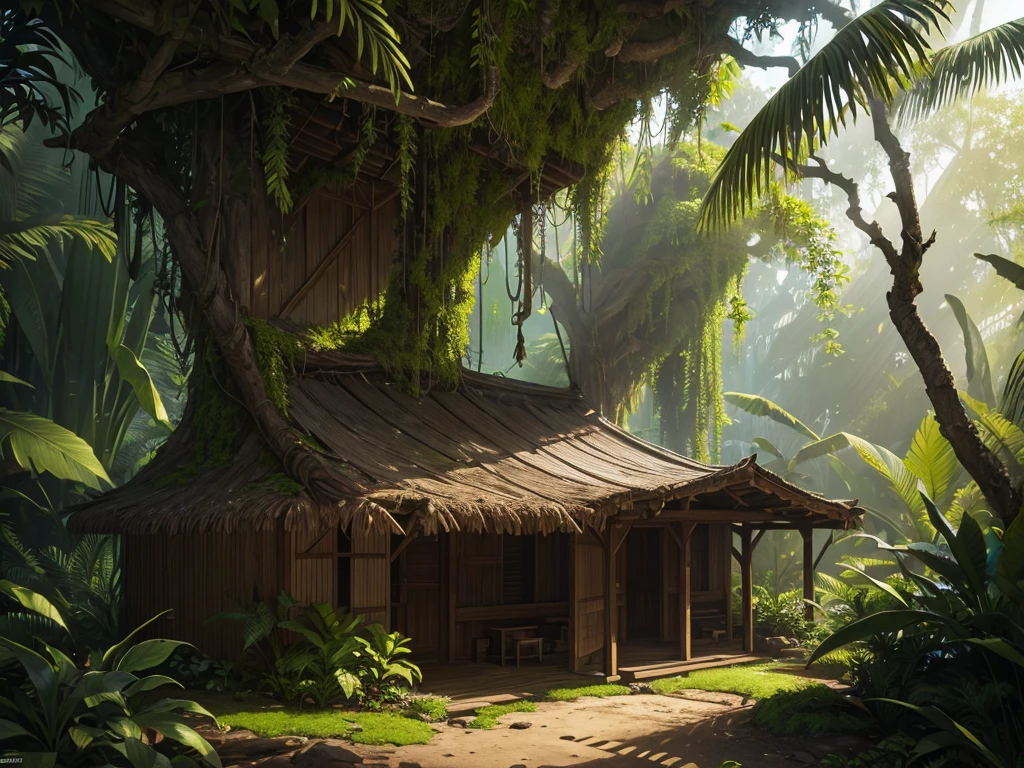 detailed small survival shelter, palm leaf roof, wooden branches, lush jungle foliage, overgrown vegetation, mossy rocks, natural light, earthy tones, organic textures, weathered wood, photorealistic, highly detailed, cinematic lighting, vibrant colors, dramatic shadows, hyper realistic, award winning photography