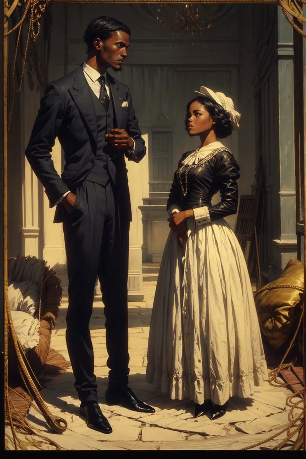 white boy in perfect suit, black skinned girl with a cheap dress, colonial era