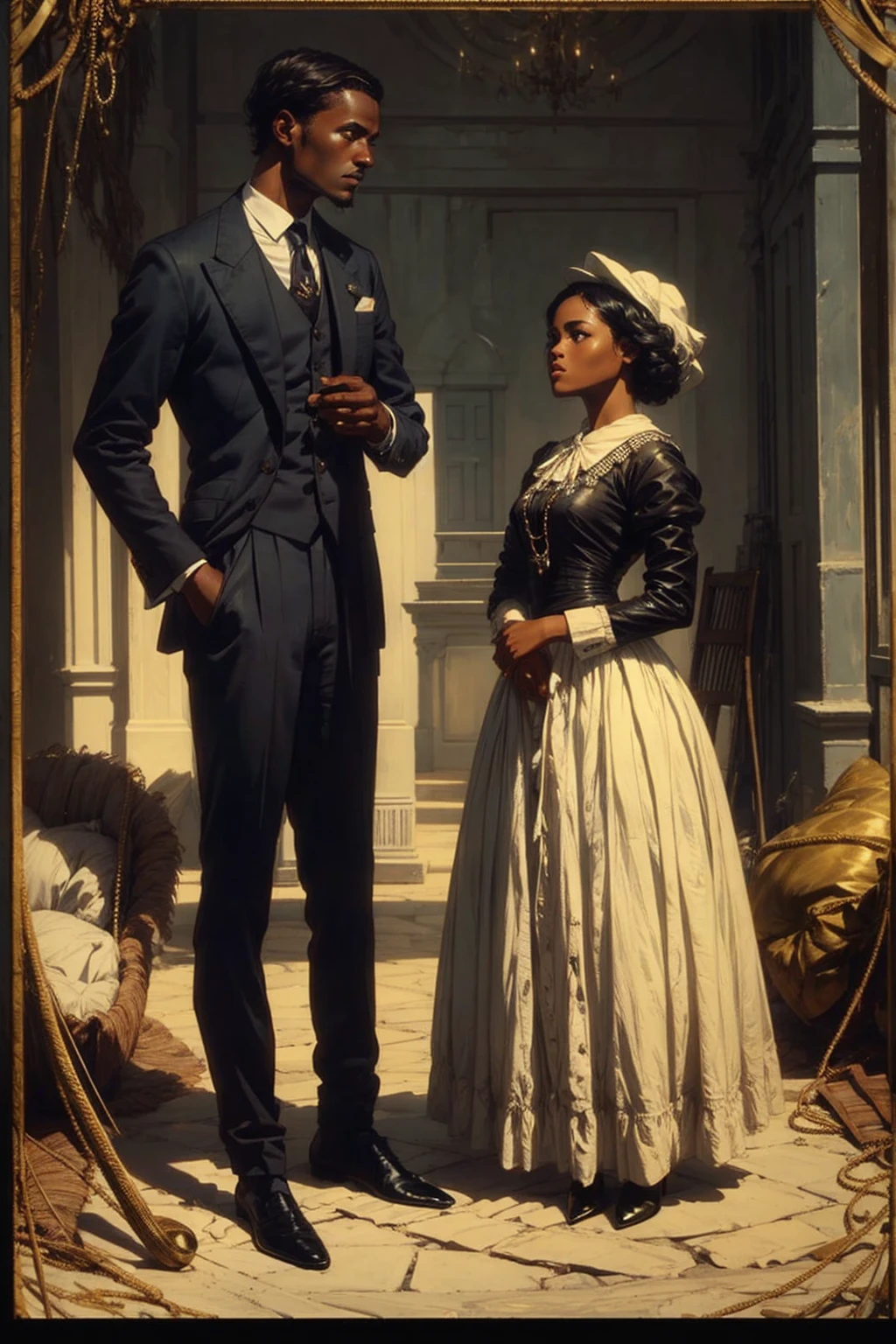 white boy in perfect suit, black skinned girl with a cheap dress, colonial era