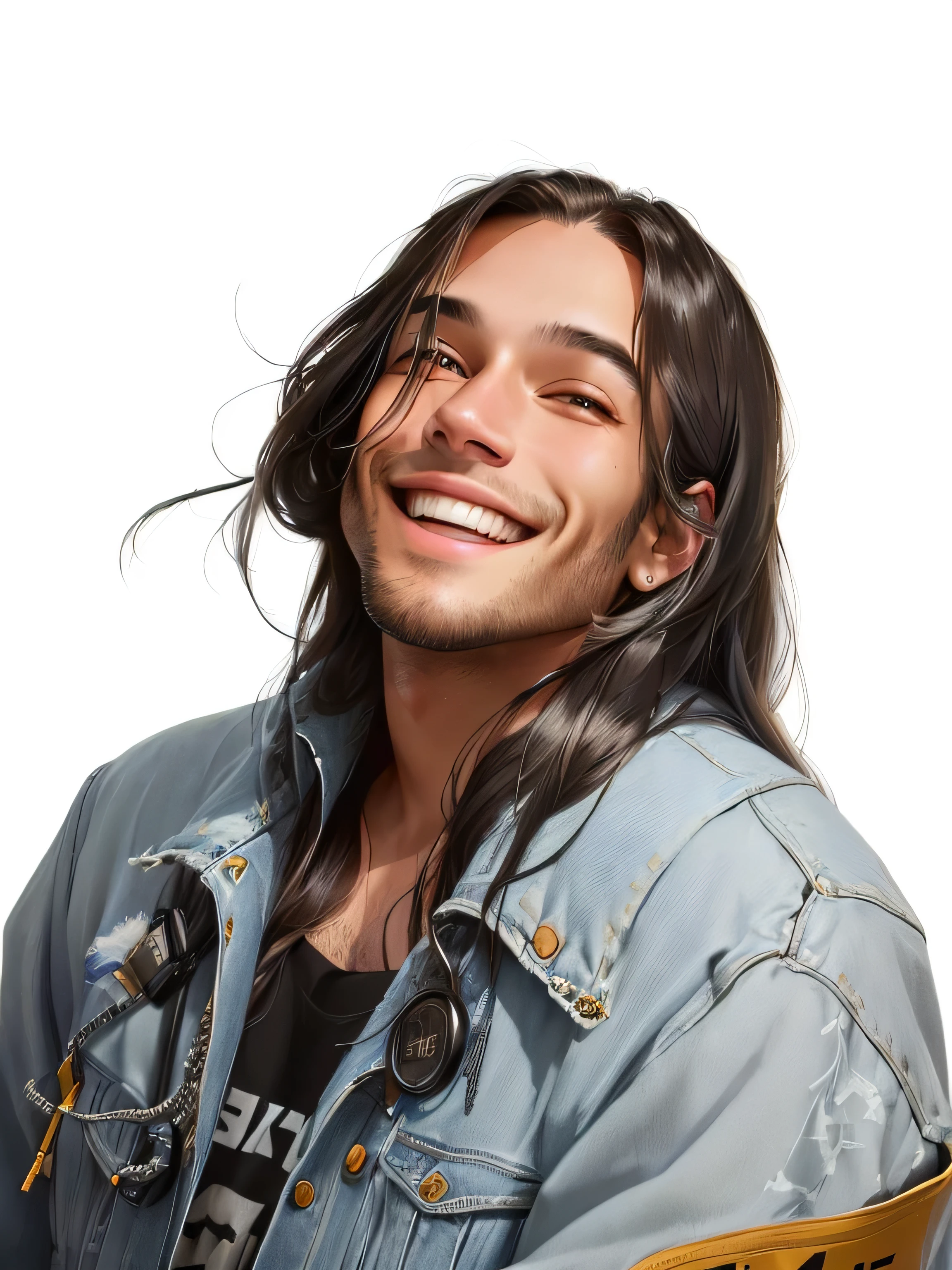 smiling man with medium-long hair and a denim grey jacket holding a cell phone, headshot profile picture, halfbody headshot, headshot photo, high quality portrait, headshot portrait, digitally painted, profile shot, highres, very very low quality picture, halfbody portrait, full head shot, taken in the early 2020s, headshot photograph, portrait of ultra realistic