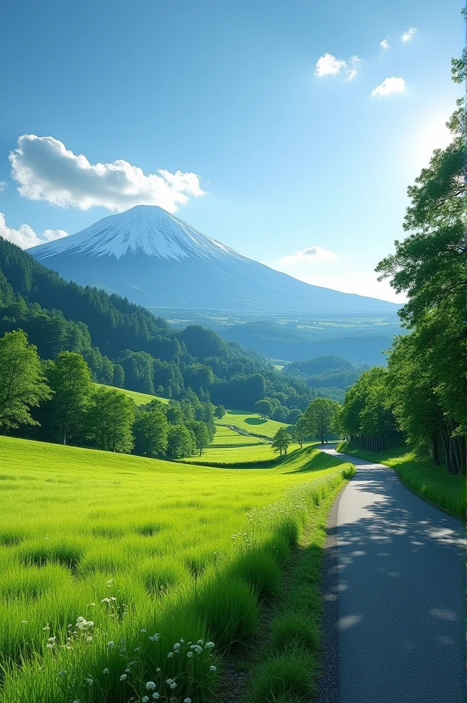 A Japanese valley unfolds，Mt. Fuji is in the background. Along the vibrant grass, A narrow road winding along, Accompanied by tall trees, Enhance the tranquil beauty of your landscape.