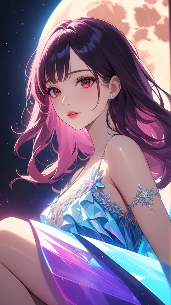 masterpiece, best quality:1.3, 1girl, moon dress, giants girl , floating,space ,moon , hugging big moon , detailed face, red eyes, beautiful detailed lips, long eyelashes, delicate facial features, expressive face, detailed skin texture, moonlight lighting, vibrant colors, cinematic lighting, soft focus, prismatic, holographic,chromati caberration,