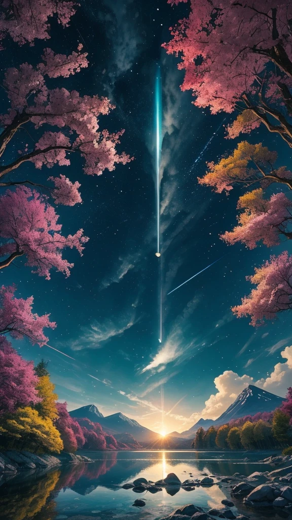 無限の宇宙を思わせる深遠な空間の上方に、壮大な七色の虹が大きくアーチを描いている。この虹は通常の虹よりも鮮やかで、まるで生命を持つかのように脈動している。虹の各色が明滅し、神秘的な輝きを放っている。 虹の頂点から、奇跡の願望成就の光が黄金の滝のように降り注いでいる。この光は、純粋な金色の光芒と、七色の虹色の粒子が混ざり合った、言葉では表現しきれない美しさを持っている。光は降り注ぐにつれて、星屑のようにキラキラと輝くダイヤモンドの粉へと変化し、空間全体を満たしていく。 この奇跡の光は、触れるものすべてに強力な願望成就のエネルギーをもたらす。光の粒子は、まるで意思を持っているかのように、空間内のあらゆる要素と相互作用している。 中央に浮かぶ巨大な黄金の扉に光が降り注ぐと、扉全体が虹色に輝き、神秘的な共鳴を起こす。扉の隙間からは、さらに強烈な光と生命の息吹が漏れ出し、二つの光が混ざり合って幻想的な光の渦を作り出している。 浮遊する水晶球に光が触れると、球体内の時計の針が一瞬速く回り、過去、現在、未来が交錯するような幻視が球体内に現れる。光を通した水晶球は、まるで未来を映し出す占いの球のような神秘的な様相を呈している。 幻想的な植物たちは、降り注ぐ光を吸収し、これまで見たこともないような色彩で花開いていく。花びらは虹色に輝き、葉は金色に光り輝いて、生命力溢れる姿を見せている。 虚空のテーブルに並ぶ万華鏡のようなお菓子たちは、光に触れると内側から輝き始め、食べるだけで願いが叶うかのような魔法のオーラを放っている。 家族の笑顔の光の肖像画は、奇跡の光に包まれることで、より一層生き生きとし、まるで実際にその場にいるかのような立体感を帯びている。 願い事ボードに光が触れると、星々で描かれた「家族が皆健康で、笑顔で、自分の望む道を歩めます様に」という願いの言葉が、まるで生命を得たかのように踊り出し、空間内を自由に漂い始める。その様子は、願いが既に宇宙に受け入れられ、実現に向かって動き出しているかのような印象を与える。 クリスタルの風鈴は、光に触れるたびに虹色に輝き、天上の楽団のような荘厳な音色を奏で始める。その音色は、「これから出会う人達の、何かのきっかけの1つに」なることを強く暗示し、聞く者の心に直接響いてくる。 遠くの銀河の渦の中に浮かぶ、未来の「やりきった自分」のシルエットは、奇跡の光に包まれることでより鮮明になり、まるでその場に実在するかのような存在感を放っている。そのシルエットは、光と共に手を差し伸べ、現在の自分を未来へと導くような仕草を見せている。 全体が幻想的な光に包まれ、虹からの奇跡の願望成就の光が空間全体を神秘的な輝きで満たしている。この光は見る者の心に直接語りかけ、強い希望と勇気、そして願いは必ず叶うという確信を与えるかのようだ。空間の境界は曖昧で、現実と夢、過去と未来が溶け合い、すべての願いが叶う無限の可能性を感じさせる、壮大で神秘的な光景が広がっている。