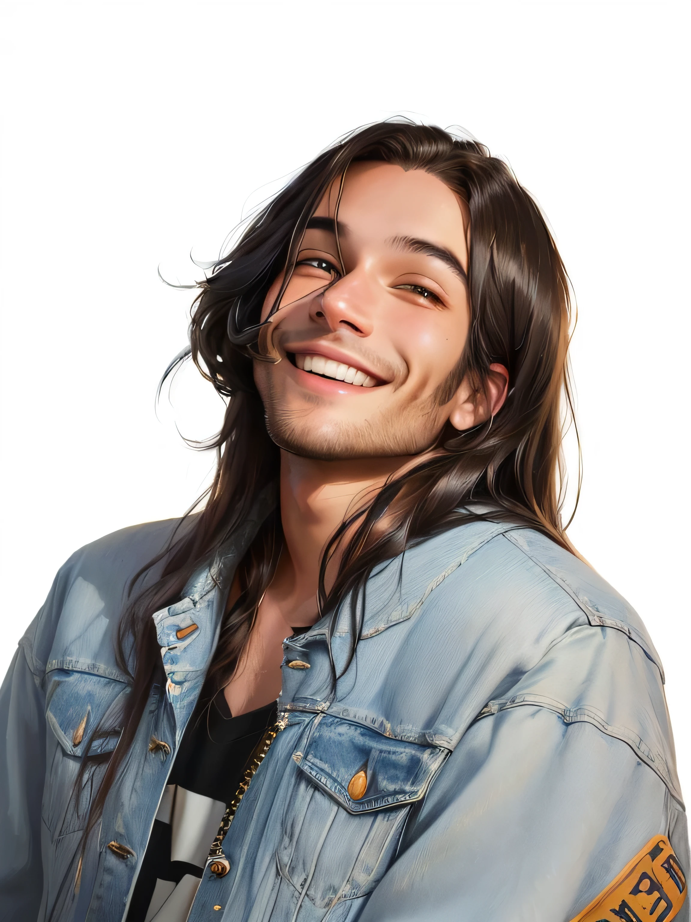 smiling man with medium-long hair and a denim jacket holding a cell phone, headshot profile picture, halfbody headshot, headshot photo, high quality portrait, headshot portrait, digitally painted, profile shot, highres, very very low quality picture, halfbody portrait, full head shot, taken in the early 2020s, headshot photograph, portrait of ultra realistic