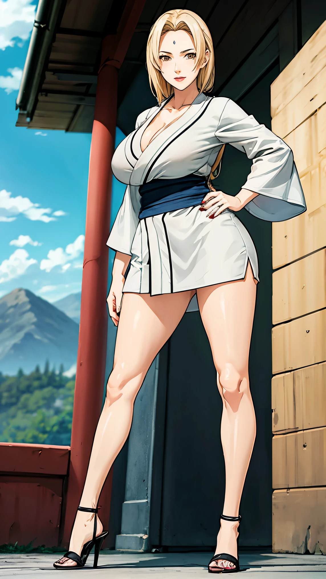 buaty, white kimono, fullbody, nipples, areola, feet, high heels, slim waist, cleavage, good anatomy, masterpiece, best quality, 4k, 8k, professional photography, soft light, 1 girl, blonde hair, (mountain), clouds, blonde hair, parted banks, detailed face+brown eyes, smile, closed lips, lipstick, standing pose,short skirt,