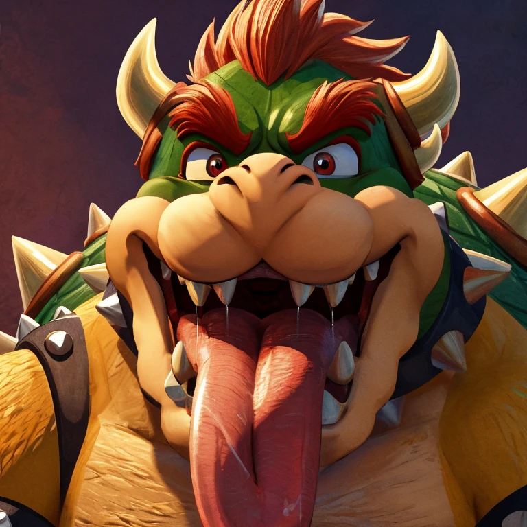 Bowser (The Super Mario Bros. Movie), 2D Animation, Looking at viewer, Open Mouth, Tongue Out, Long Tongue, Wide-Eyed, Anatomically Correct, Seductive Smile, Raised Eyebrow, Oral Invitation, Simple background, Character Design, Illustration, High Resolution, Super Detailed, Textured Skin, Eye Level Shot, Single Shot, Extreme Close Up