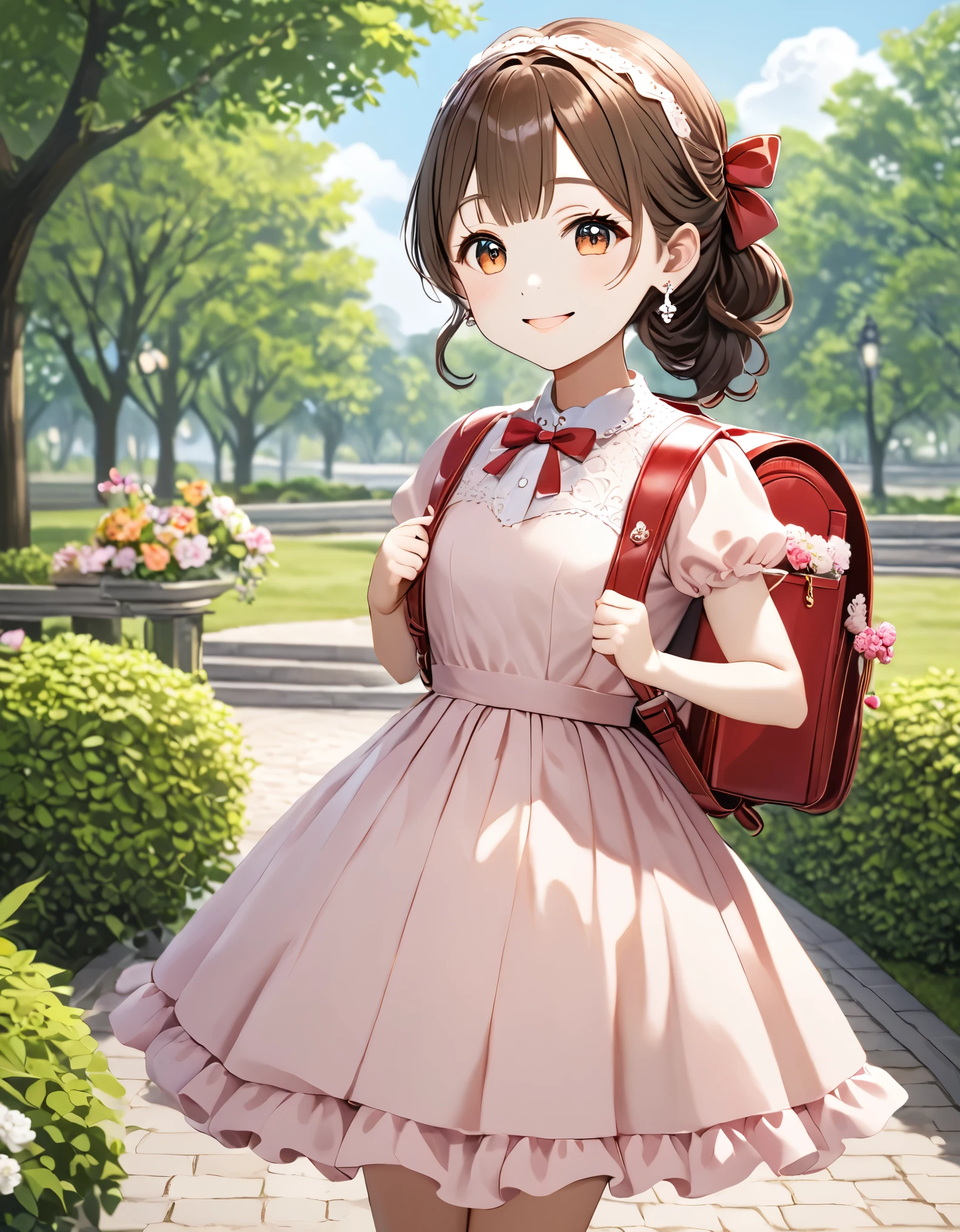 Masterpiece, hd, 1girl, best quality, brown hair, medium hair, ponytail, hair ribbon, earrings, jewelry, wearing party dress, (party dress:1.2), cute dress, frilly dress, short sleeves, bowtie, hair ornaments, smile, happy, standing, outdoor, park, daytime, wearing randoseru backpack, (backpack:1.2)