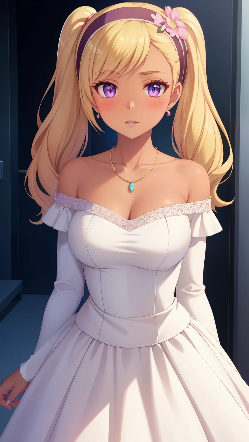 QUITTERIE RAFFAELI, LONG HAIR, BLONDE HAIR, TWINTAILS, PURPLE EYES, HAIRBAND, DARK SKIN, DARK-SKINNED girl, JEWELRY, EARRINGS, 1girl, solo, masterpiece, illustration, game CG, absurdres, highly detailed, blush, glossy lips, wedding dress, off the shoulder, necklace, (skirt parted in front), (lace panties:0.8)