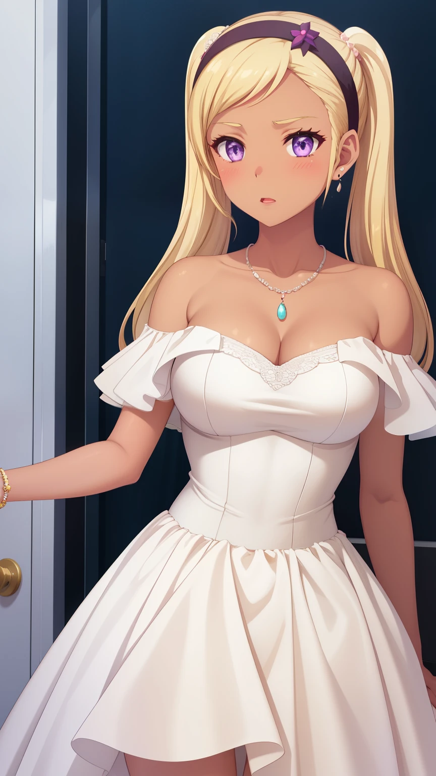 QUITTERIE RAFFAELI, LONG HAIR, BLONDE HAIR, TWINTAILS, PURPLE EYES, HAIRBAND, DARK SKIN, DARK-SKINNED girl, JEWELRY, EARRINGS, 1girl, solo, masterpiece, illustration, game CG, absurdres, highly detailed, blush, glossy lips, wedding dress, off the shoulder, necklace, (skirt parted in front), (lace panties:0.8)