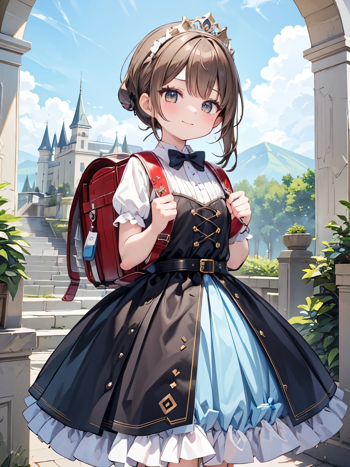 masterpiece, best quality, highres, 1girl, long hair, one side up, solo, ponytail,brown hair, masterpiece, best quality, highres, 1girl, 9 years old, solo, brown hair, short hair, brown eyes, mole under eye, cowboy shot,, princess dress, princess Costume,bowtie, smile (princess:1.2), frilled dress, tiara, castle, outdoor, garden, wearing randoseru backpack, (randoseru backpack:1.2), outdoor, day
