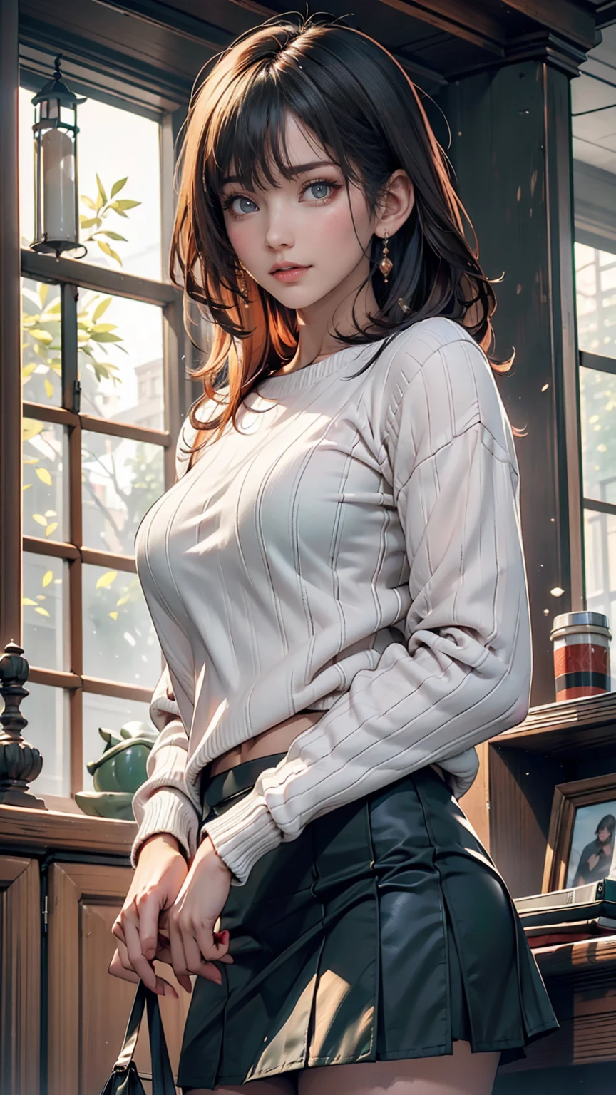 (masterpiece, Highest quality, High resolution), She grew four (oshi no ko), Sian Carcadigan, sweater, dark_green_shirt,mini skirt, Are standing, Open clothes, alone,
