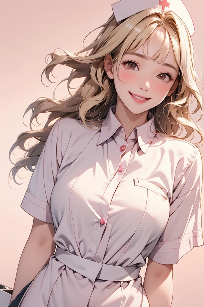 high resolution,smile,happy,light smile,woman,woman1人,adult,Clear,cute, blunt bangs,Blonde Hair,BREAK, Brown eyes,BREAK,wavy hair,long hair,BREAK, ((looking at viewer)), Nurse uniform,Nurse cap,BREAK,Facing forward,BREAK,Pink background,